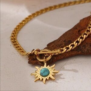 #39 Re-Stocked! NEW 18k Gold Plated Turquoise Sun Circle Chain Link Necklace